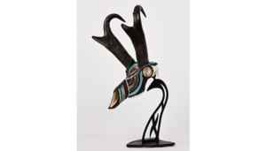 Red Desert Pronghorn Beaded Animal Skull with Metal stand dsiplay